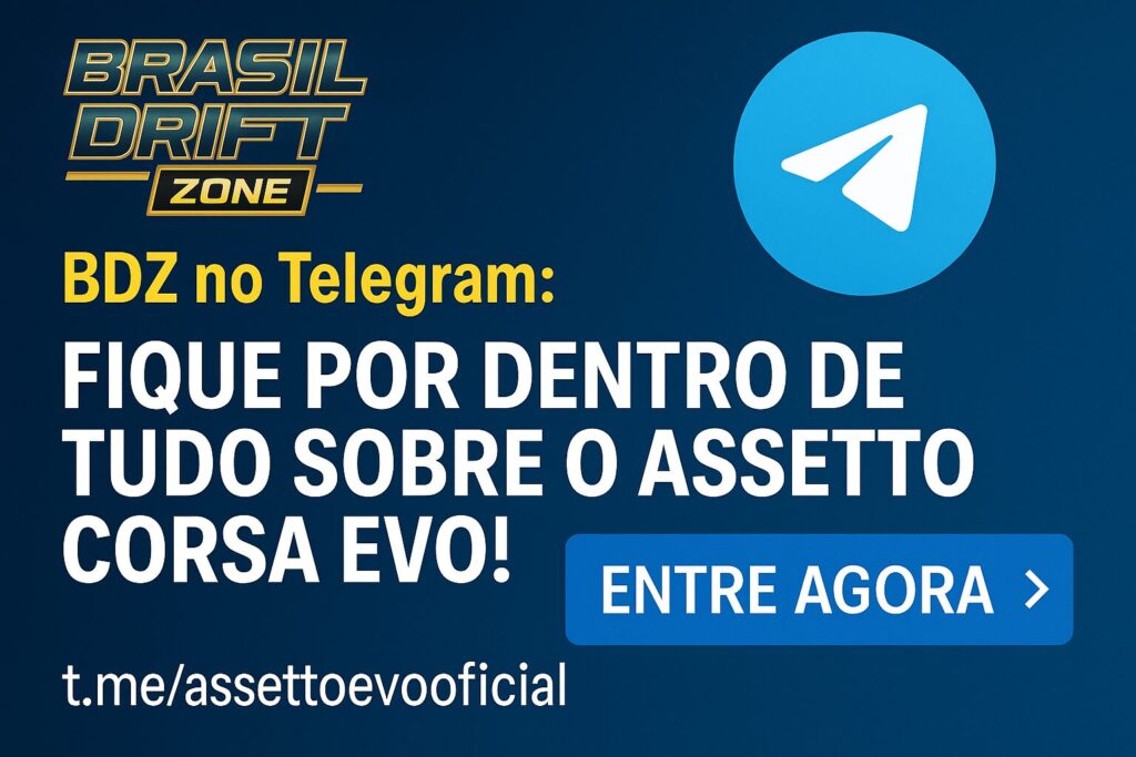 Brasil Drift Zone no Telegram — novidades, atualizações e bate-papo exclusivo sobre Assetto Corsa EVO.